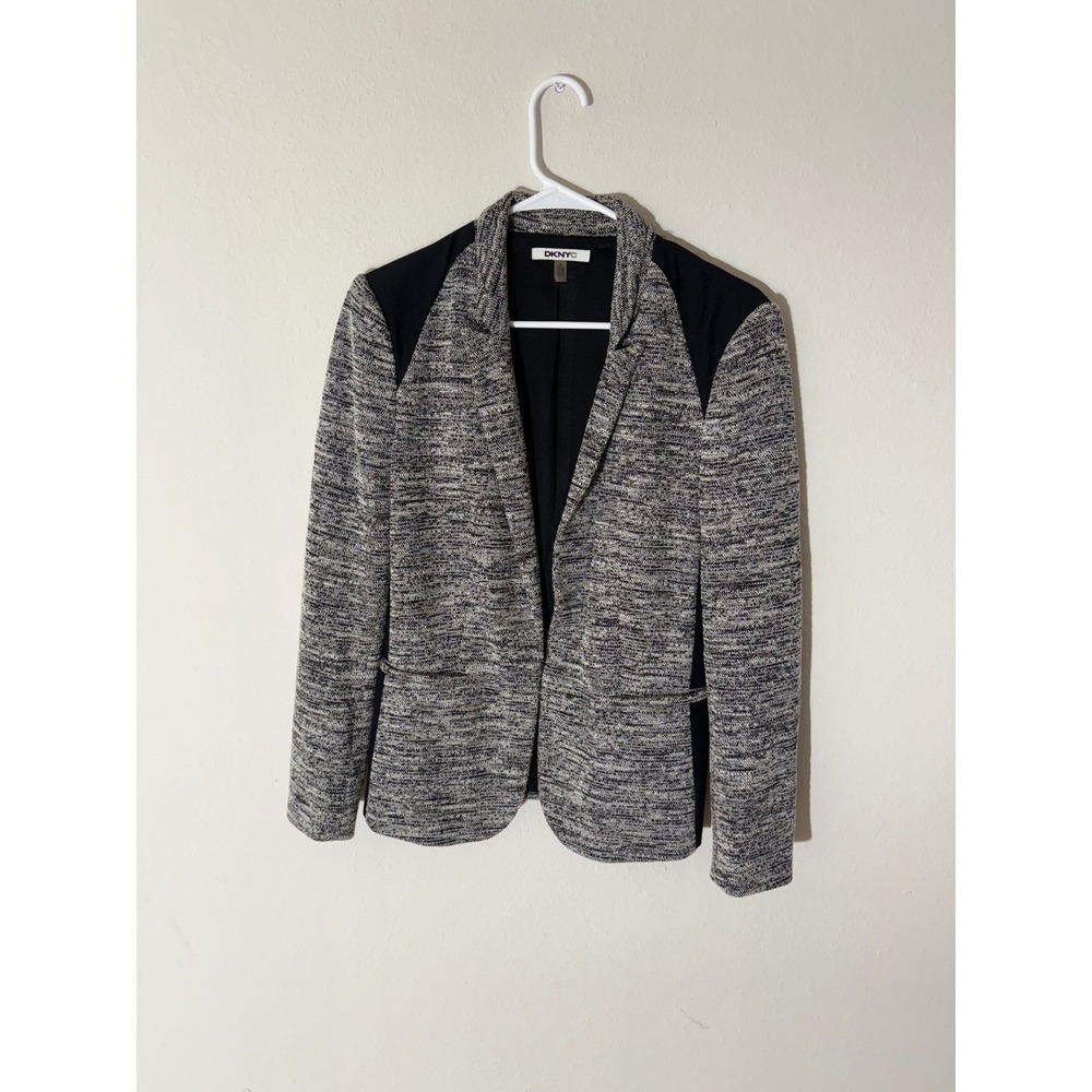 DKNY Black Tweed Blazer Jacket Womens Size S Patchwork Shoulder Detail